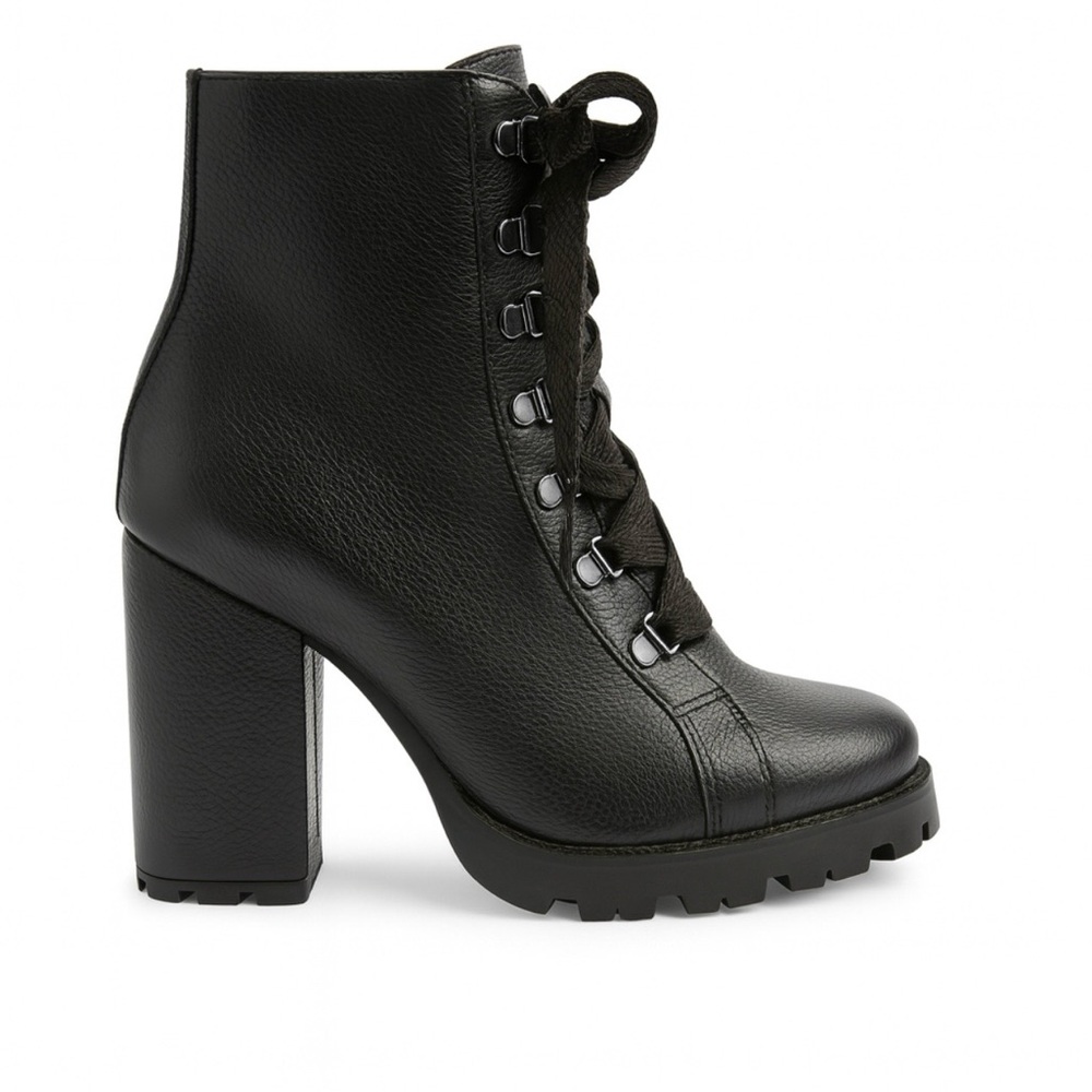 Schutz Zhara Black Leather Lace Up Lug Sole Block Heel Booties Size 10 New